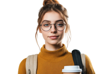 Young woman holding a coffee cup, wearing glasses and a casual outfit, posing against a transparent background in a relaxed setting