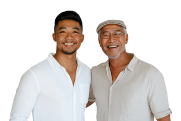 Asian father and adult son smiling and embracing, isolated on white or transparent background