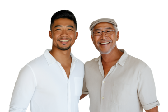 Asian father and adult son smiling and embracing, isolated on white or transparent background