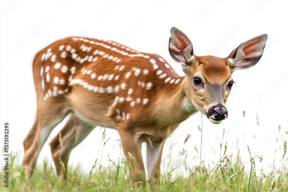 Poster graceful spotted deer grazing on grass in an open field under clear skies during daylight hours