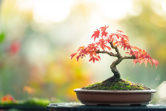 Photography of an Japanese Maple Bonsai with natural light and blurred background.