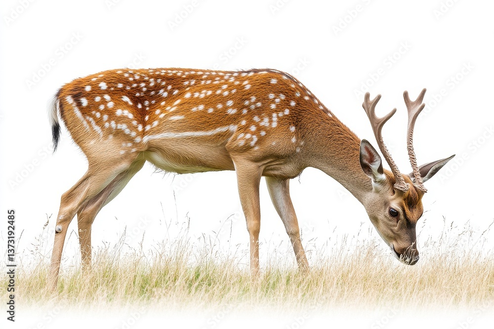 Poster graceful spotted deer grazing on grass in an open field under clear skies during daylight hours