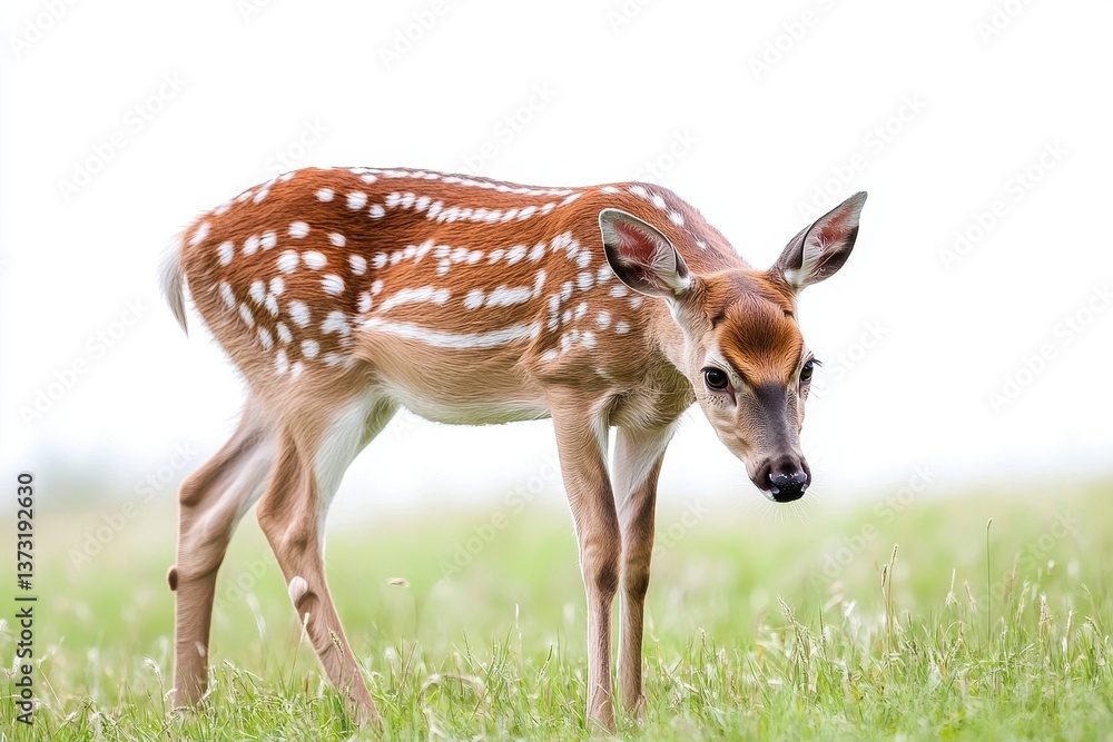 Poster graceful spotted deer grazing on grass in an open field under clear skies during daylight hours