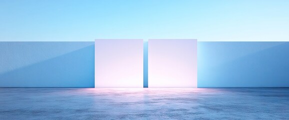 Two white blocks stand on concrete floor in front of a blue wall under clear blue sky
