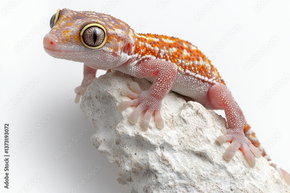 Poster colorful leopard gecko resting on a white rock with detailed skin patterns and expressive eyes durin
