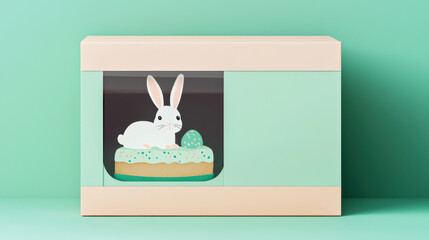 Pastel Easter cake box with cute rabbit and egg design, perfect for celebrations
