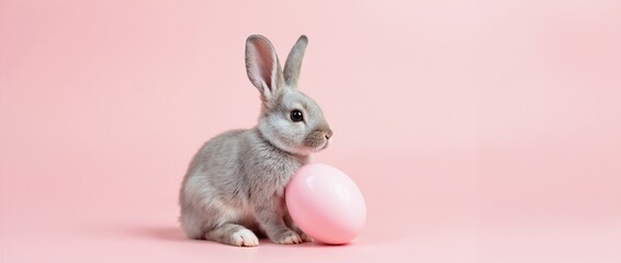 Obraz premium Adorable gray bunny sitting near a pink Easter egg on a pastel-colored backdrop, symbolizing spring celebration, festivity, and joy.
