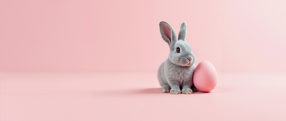 Obraz premium Adorable gray bunny sitting near a pink Easter egg on a pastel-colored backdrop, symbolizing spring celebration, festivity, and joy.