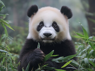 Obraz premium Adorable panda munching on bamboo in a serene environment, symbolizing wildlife, nature, and the peaceful beauty of this endangered species.