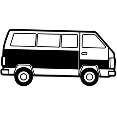 Vintage cartoon van and bus illustration with red and white colors, depicting transport and travel in a city, showcasing an old retro vehicle design