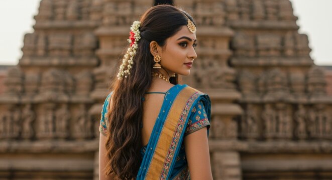 Indian Bride in Teal Saree at Temple