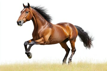 Obraz premium Sleek brown horse galloping across a grassy field in a vibrant display of energy and grace