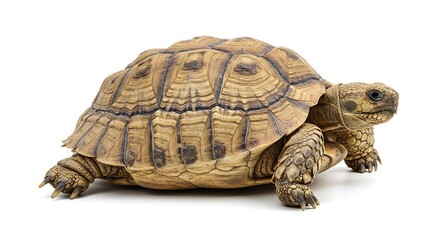 Obraz premium A wise tortoise, patiently navigating its world, showcasing its intricate shell pattern against a stark white backdrop.