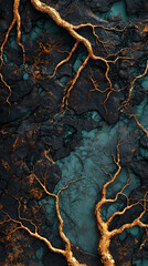 Abstract Dark Teal and Gold Veined Texture
