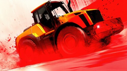 Naklejka premium A heavy tractor treads through the dirt, colored red