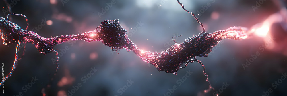 Poster abstract digital neural network: red and purple glowing particles flowing and connecting in dark bac