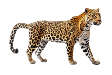 Leopard walking gracefully through a natural habitat, showcasing its beautiful coat and stealthy demeanor under bright daylight