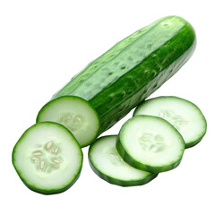 Fresh green cucumber with slices on a transparent background Concept of healthy eating, vegetarian diet, and organic food