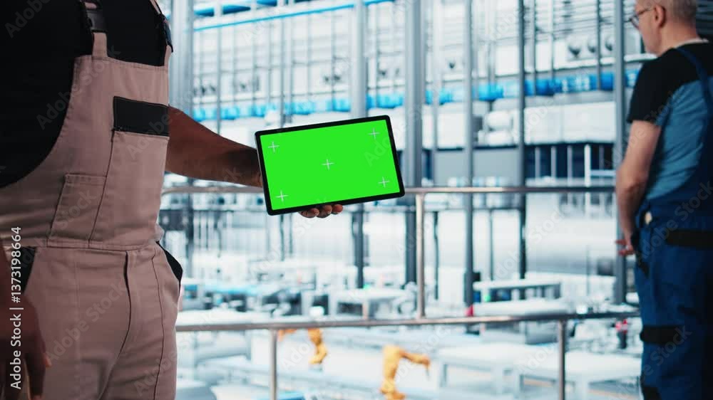 Poster smart factory engineer oversees operation of robotic arms and conveyor belts using green screen tabl