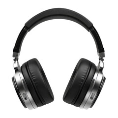 Studio shot of modern black and silver wireless headphones on a transparent background Concept of audio, music, technology, and entertainment