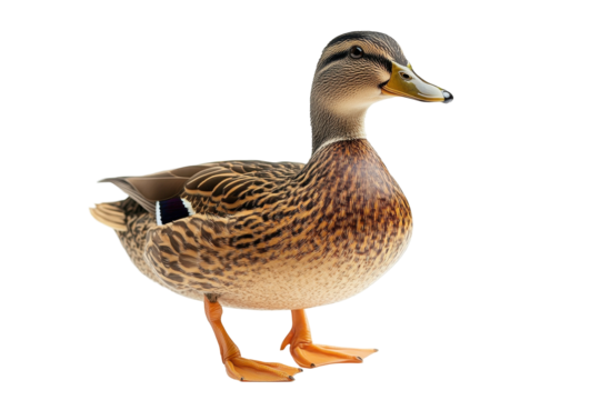 Realistic duck standing on a white background showcasing vibrant feathers and natural colors in a serene pose
