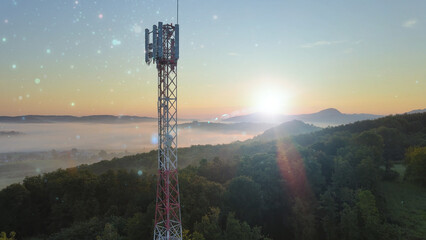 Obraz premium Telecom tower at sunrise with a 3D graphic overlay of a dangerous electromagnetic radiation power signal, symbolizing pollution