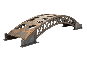 Rusty arch bridge design with metal trusses perfect for architectural projects or graphic designs in transparent PNG format
