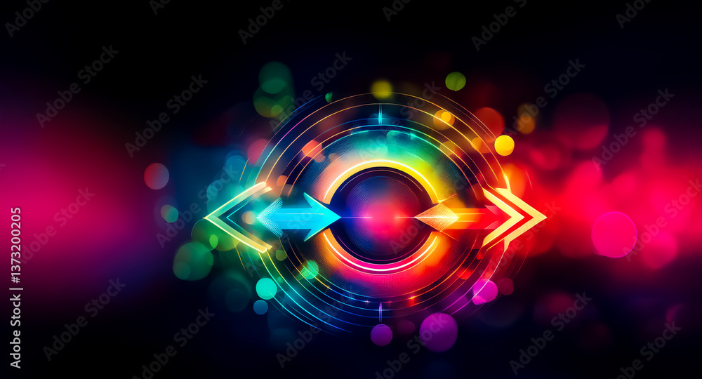 Poster colorful abstract design featuring two arrows pointing towards each other within a circular shape. v