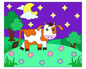 Obraz premium Cow, cute picture with a pet on the background of a night landscape - vector full color drawing. Bull on a night meadow with flowers, moon and stars 