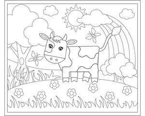 Cute Cow in the meadow - vector linear picture for coloring. A calf in a landscape with flowers, trees, clouds, the sun and a rainbow. Outline. Coloring page for children.	