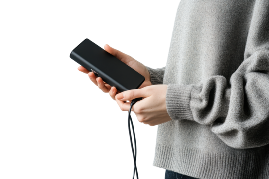 Charging a smartphone with a power bank while wearing a cozy sweater in a well-lit room during daytime