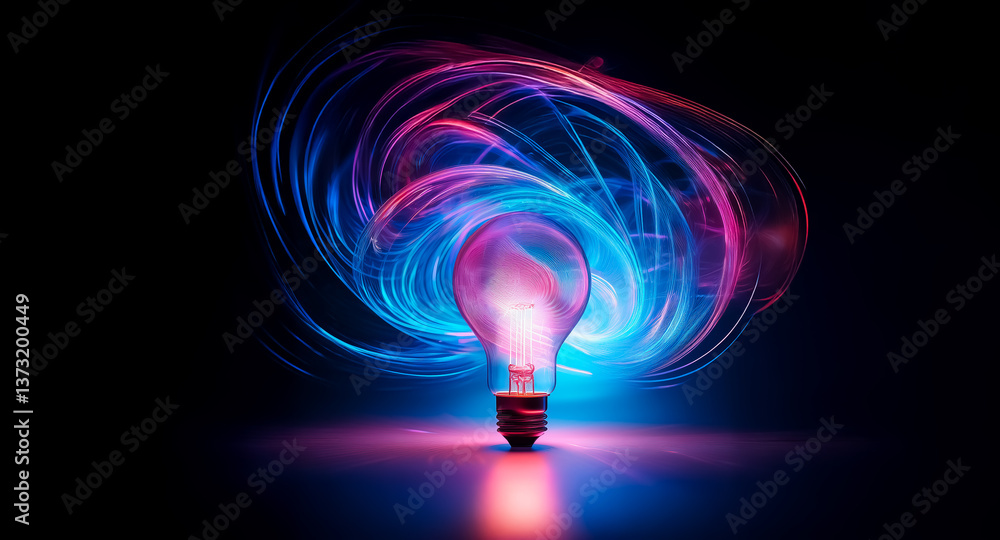 Poster a glowing light bulb emits vibrant blue and pink light trails swirling around it against a dark back