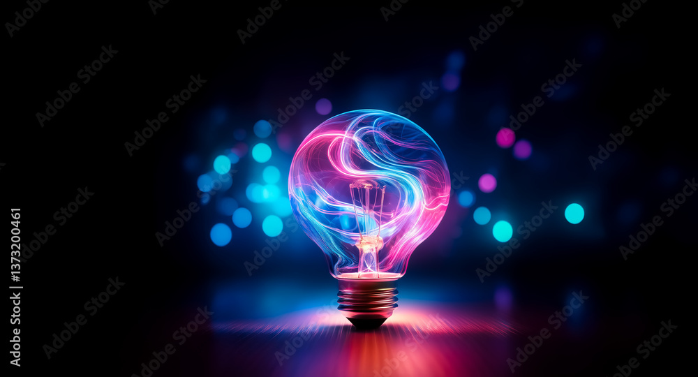 Poster glowing light bulb with plasma filaments. illuminated on dark background with bokeh lights, creating