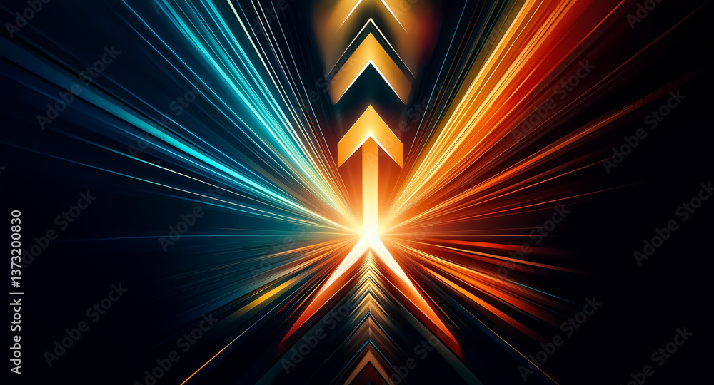 Poster abstract image featuring vibrant blue and orange light rays emanating from a central point with upwa