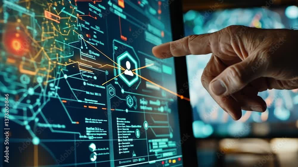 Aufkleber government agent pointing at digital display showing cyber security threats on interactive map with 