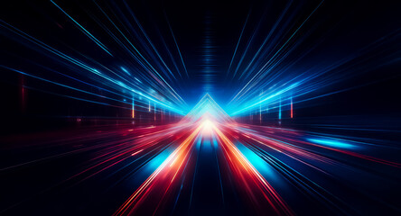 Obraz premium Vibrant streaks of blue and red light converge against a dark backdrop, creating a dynamic sense of speed, motion, and futuristic energy.