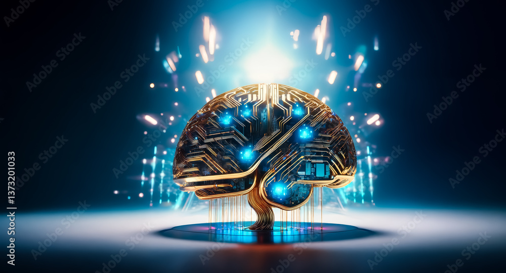 Poster a brain with circuit board patterns emitting blue light. a futuristic representation of technology, 