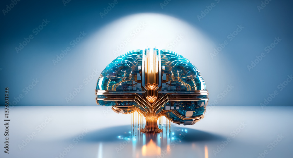 Poster futuristic brain with circuit patterns emits a bright glow against a soft blue background, symbolizi
