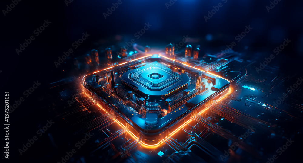 Poster futuristic square with glowing blue and orange lines against a dark backdrop. resembles a circuit bo