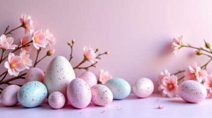 Beautiful delicate still life with soft pastel Easter eggs with gold speckles, blossoms, flowers on soft pink background. Gentle and festive atmosphere, spring holiday and celebration decor. 