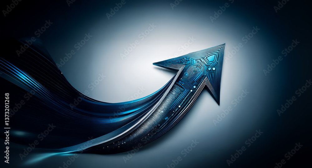Poster dynamic blue arrow, circuit patterns, points upward on dark blue gradient backdrop, symbolizing prog