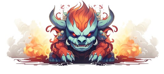 White background with drawings of colorful oni for children, ai generative