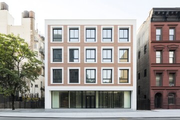 Modern architecture stands out in an urban setting with brick facade and large windows, showcasing a blend of contemporary design and historical context on a city street