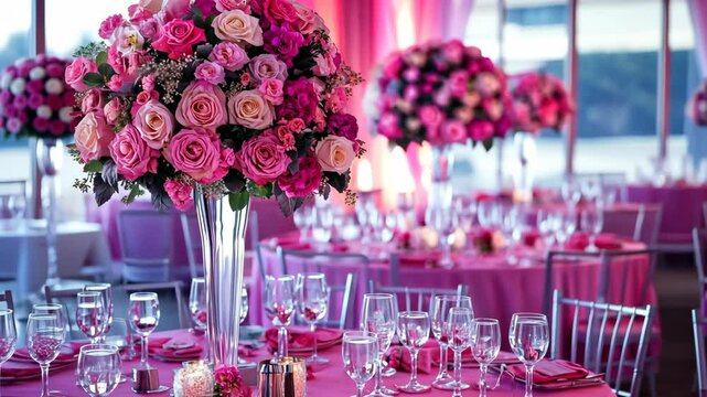 Elegant floral arrangements create a romantic atmosphere for a wedding reception indoors with pink decor and soft lighting