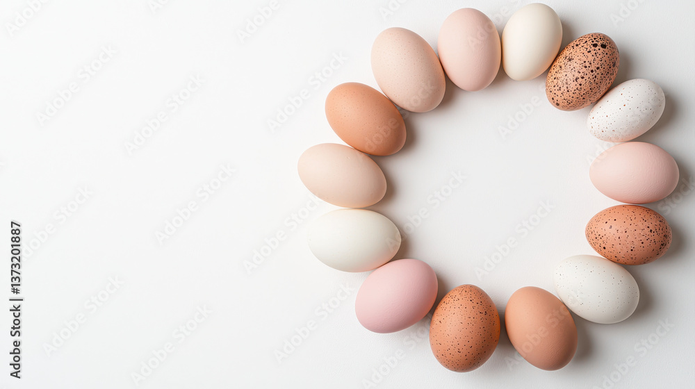 Poster fresh eggs arranged in circular pattern with pastel tones and textures