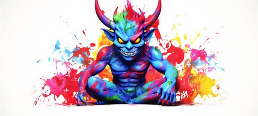 Obraz premium White background with drawings of colorful oni angel battle for children, ai generative