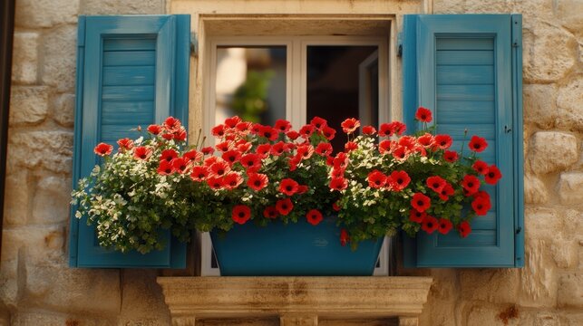 Vibrant flowers fill a blue window box, framed by teal shutters on a stone building