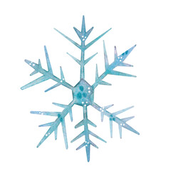 Blue snowflake on a white background. Watercolor illustration hand drawn in children's style. Drawing for cards, stickers, decoration, scrapbooking. winter, snow, snowflake, pattern, ornament, frost, 