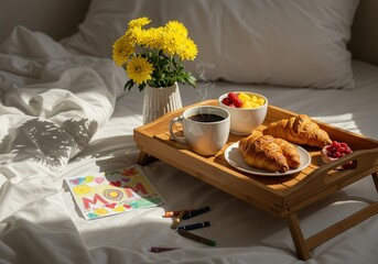 A thoughtful Mother's Day breakfast in bed is served with coffee, croissants, a fruit bowl, and a kid-drawn card.