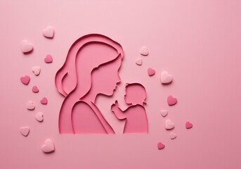 Delicate paper art portrays a mother embracing her baby, surrounded by lovely hearts in shades of pink.
